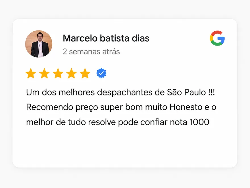 Avaliação 5 estrelas de cliente da Bari Despachante no Google