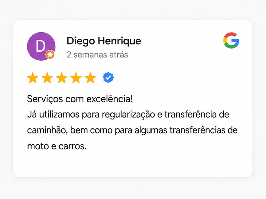 Avaliação 5 estrelas de cliente da Bari Despachante no Google