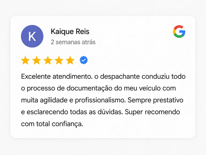 Avaliação 5 estrelas de cliente da Bari Despachante no Google