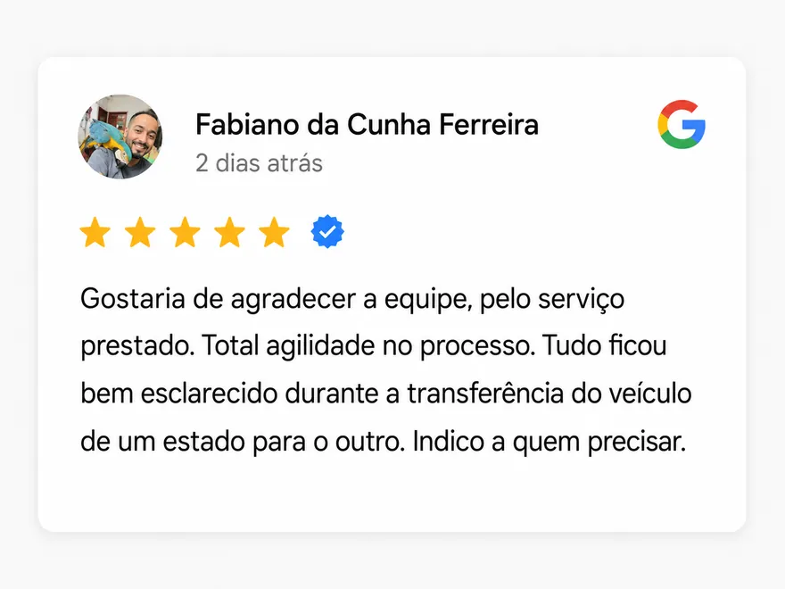 Avaliação 5 estrelas de cliente da Bari Despachante no Google